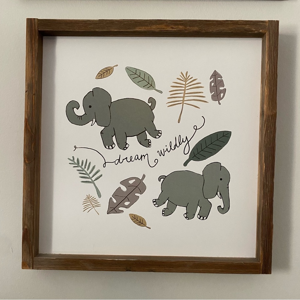 Gray and Green Elephant Art in Wooden Frame